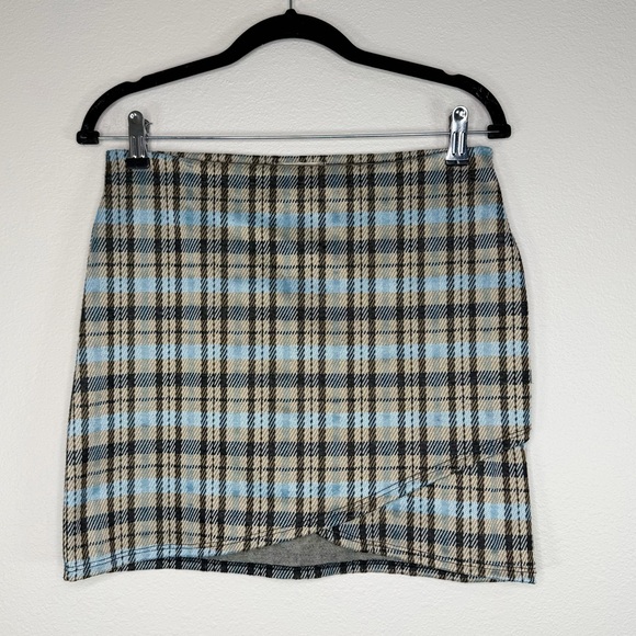 Altar'd State Blue Gold Black Plaid Stretchy Elastic Waist Mini Skirt Sz M - Picture 2 of 13